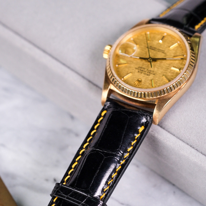 Black-alligator-leather-watch-strap-for-Rolex-Datejust-1601-on-watch.png