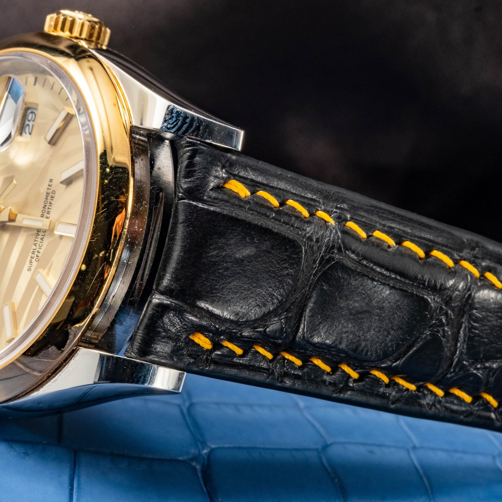 Black-alligator-leather-watch-strap-for-Rolex-Datejust-41mm-yellow-with-gold-stitching.png