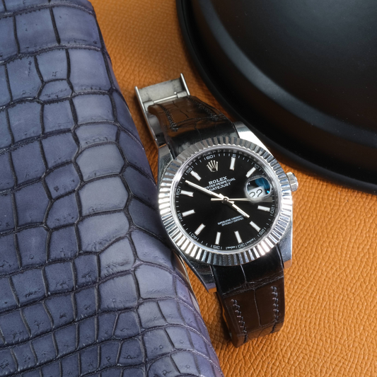 Black-alligator-leather-watch-strap-for-Rolex-Datejust-on-watch.png