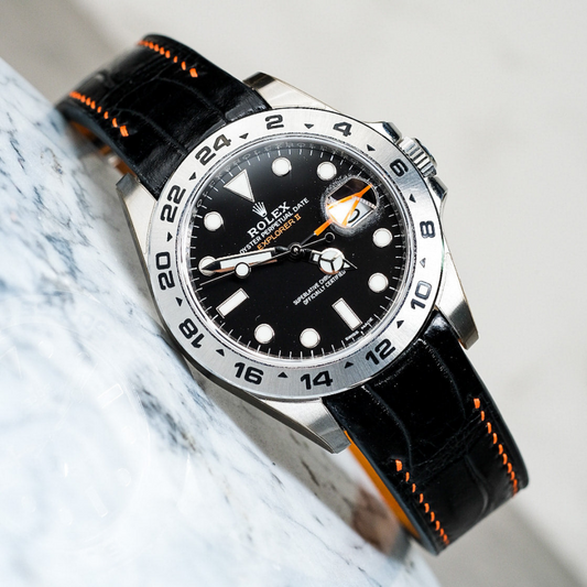 Black-alligator-leather-watch-strap-for-Rolex-Explore-II-on-Watch.png