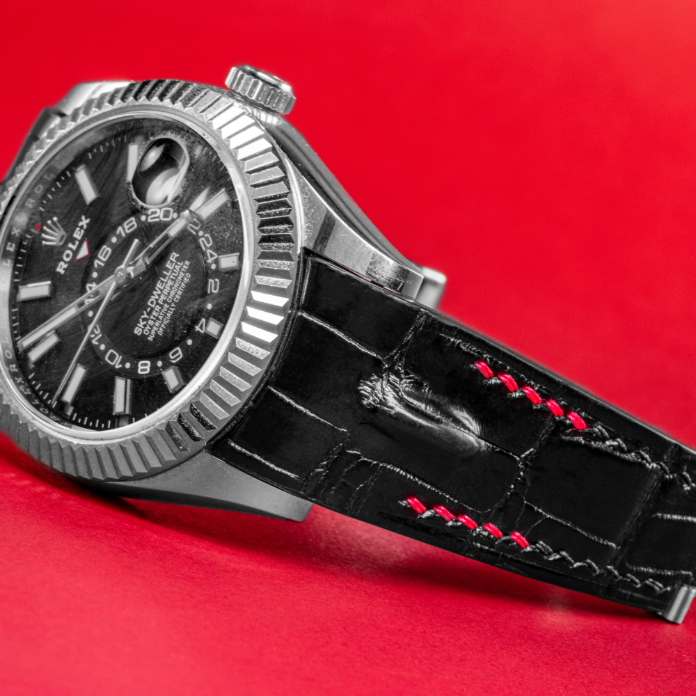 Black-alligator-leather-watch-strap-for-Rolex-Sky-dweller-red-black-stitching-detail.png