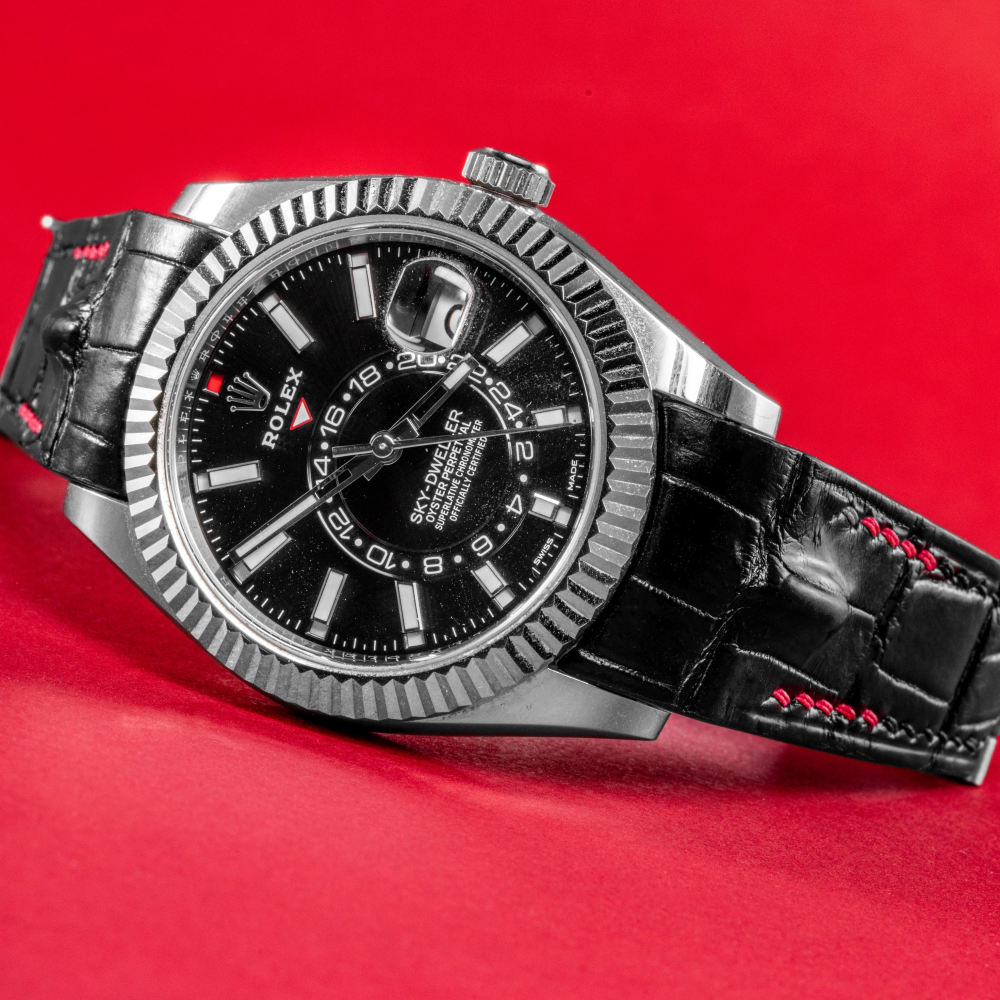 Black-alligator-leather-watch-strap-for-Rolex-Sky-dweller-red-black-stitching.png