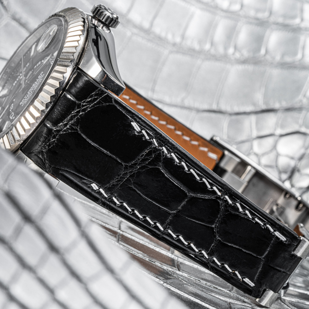 Black-alligator-leather-watch-strap-for-Rolex-Sky-dweller-white-stitching-detail.png