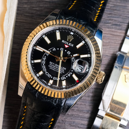Black-alligator-leather-watch-strap-for-Rolex-Sky-dweller-yellow-gold-stitching.png