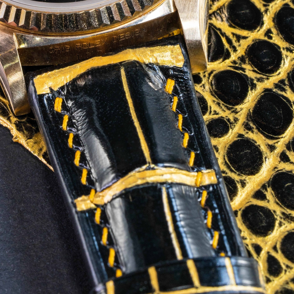 Black-gold-alligator-leather-watch-strap-for-Rolex-Datejust-31mm-stitching.png