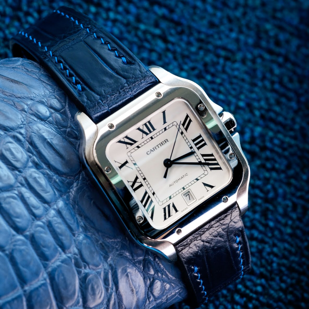 Blue-alligator-leather-watch-strap-for-Cartier-New-Santos-on-Watch.png