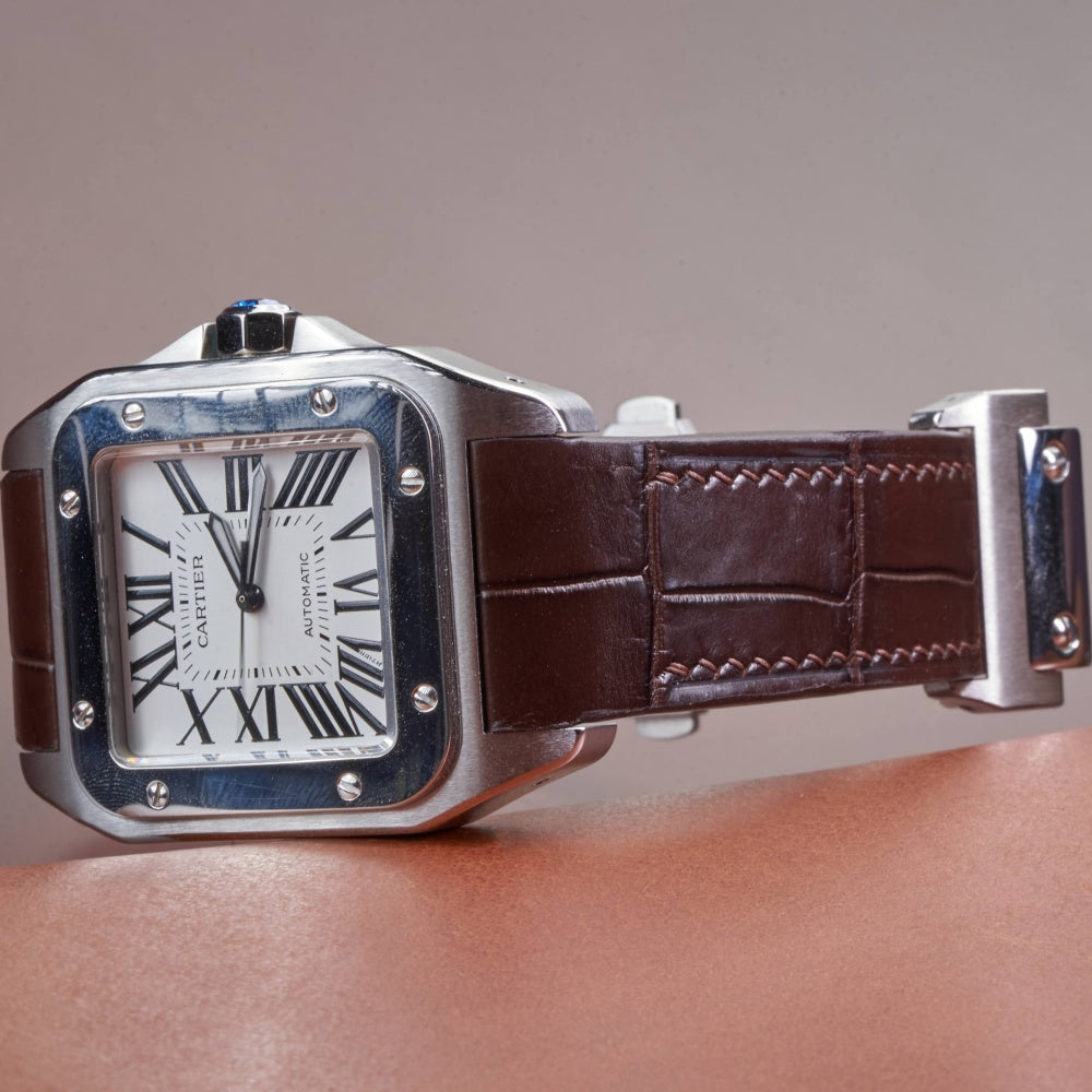 Brown-alligator-leather-watch-strap-for-Cartier-Santos-100-on-watch.jpg