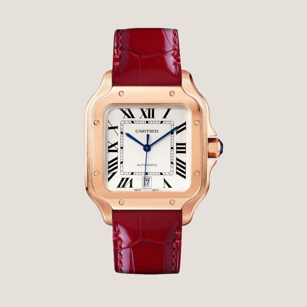 Cherry-Red_-alligator-leather-watch-strap-for-Cartier-New-Santos-on-Watch.png