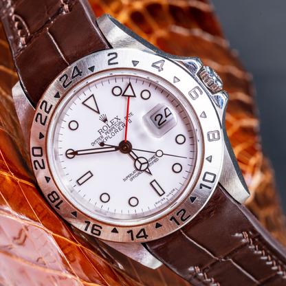 Dark-brown-alligator-leather-watch-strap-for-Rolex-Explore-II-on-watch.png