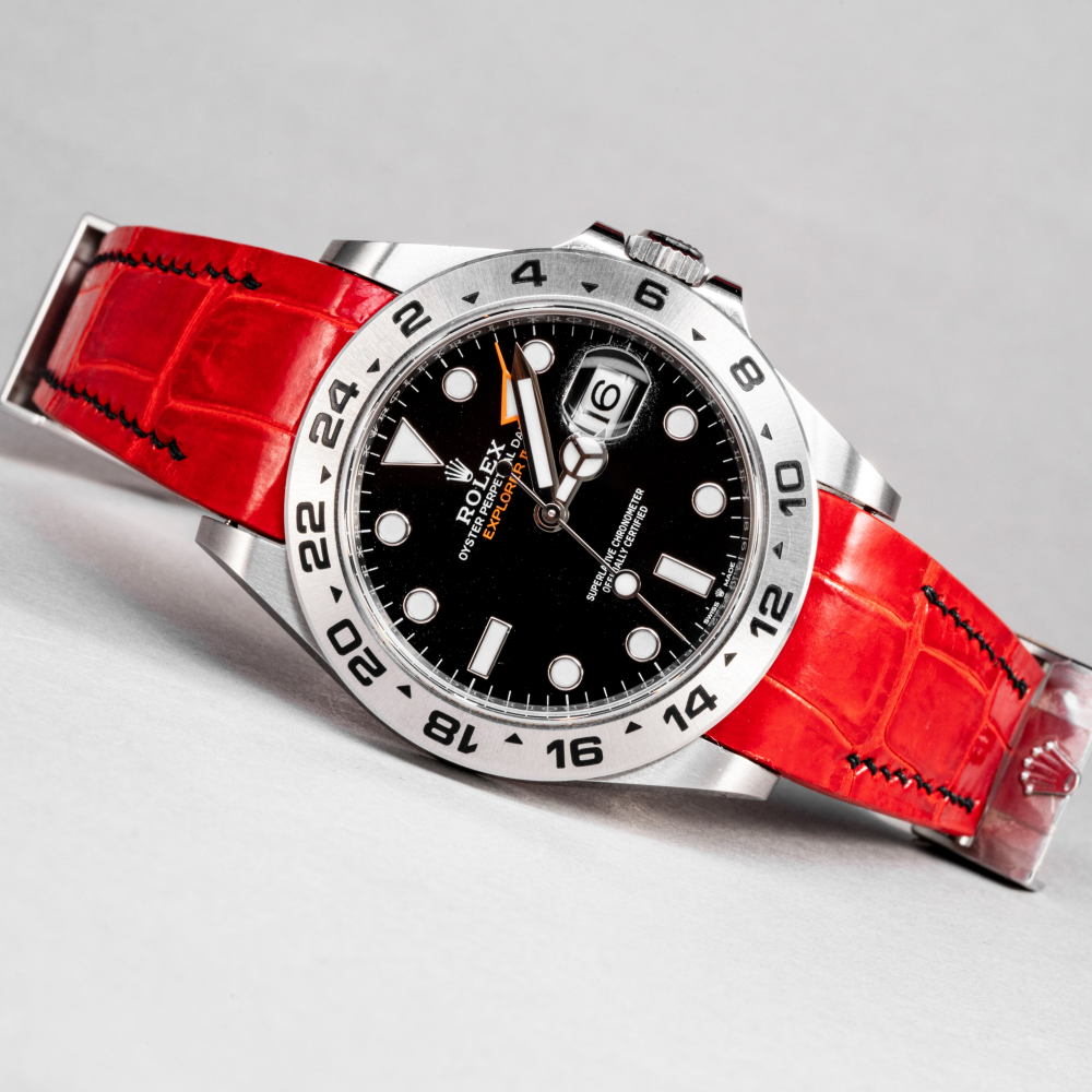 Ferrari-Red-alligator-leather-watch-strap-for-Rolex-Explore-II-on-Watch.png