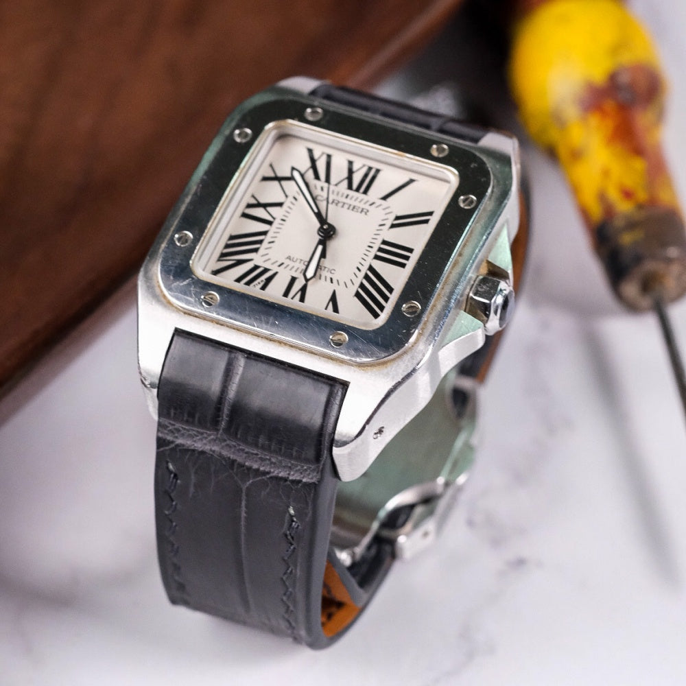 Grey-alligator-leather-watch-strap-for-Cartier-Santos-100-on-Watch.jpg
