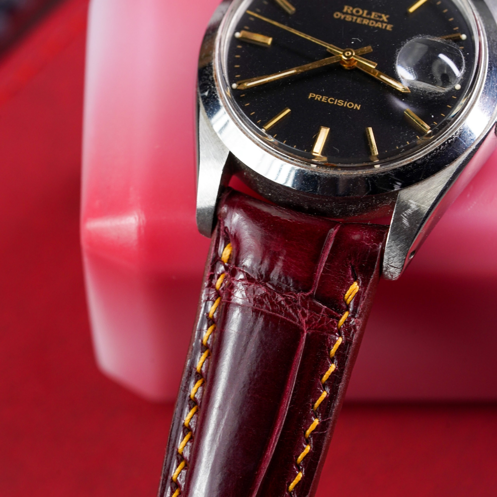 Maroon-Red-alligator-leather-watch-strap-for-Rolex-OysterPerpetual-detail.png