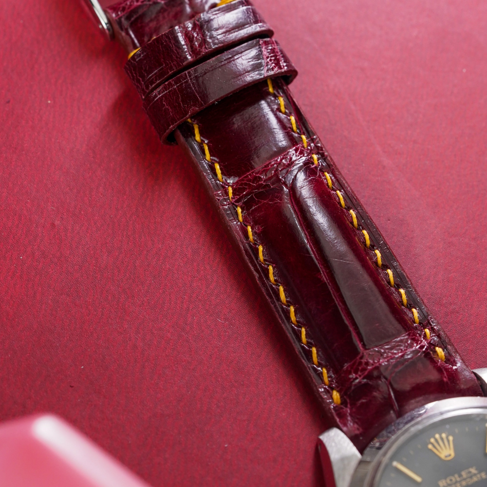 Maroon-Red-alligator-leather-watch-strap-for-Rolex-OysterPerpetual-stitching.png