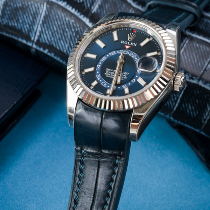 Navy-blue-alligator-leather-watch-strap-for-Rolex-Sky-dweller-on-Watch.png