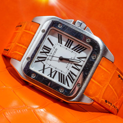Orange-alligator-leather-watch-strap-for-Cartier-Santos-100-on-Watch_9d993342-ec62-455d-85c0-a1db20f36590.jpg
