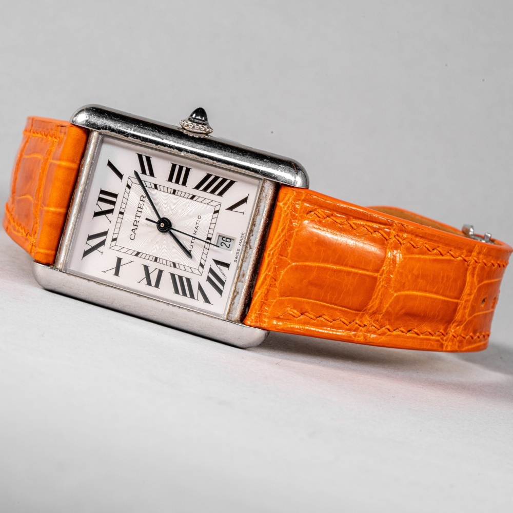 Orange-alligator-leather-watch-strap-for-Cartier-tank-on-watch.png