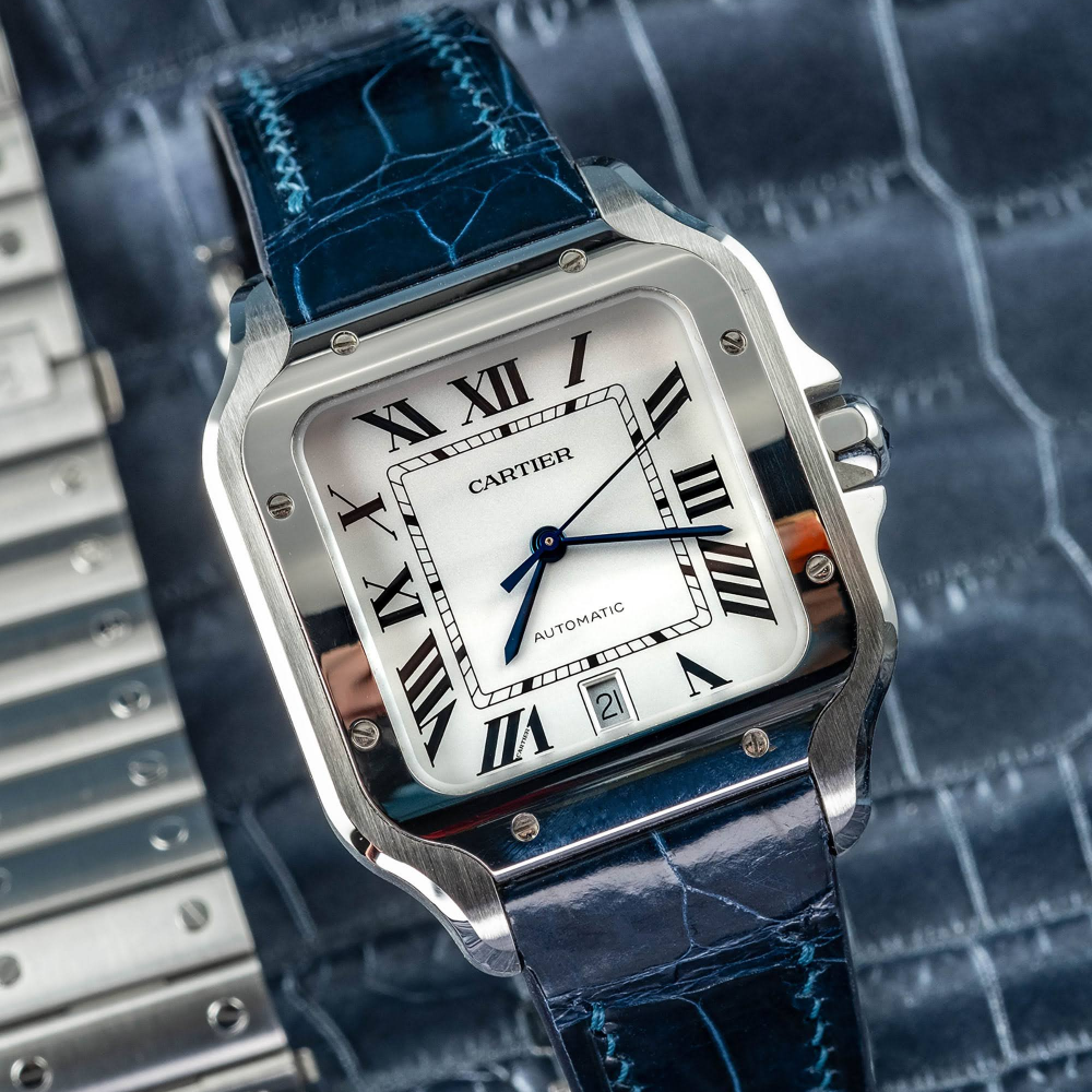 Peacock-Blue-alligator-leather-watch-strap-for-Cartier-New-Santos-on-Watch.png