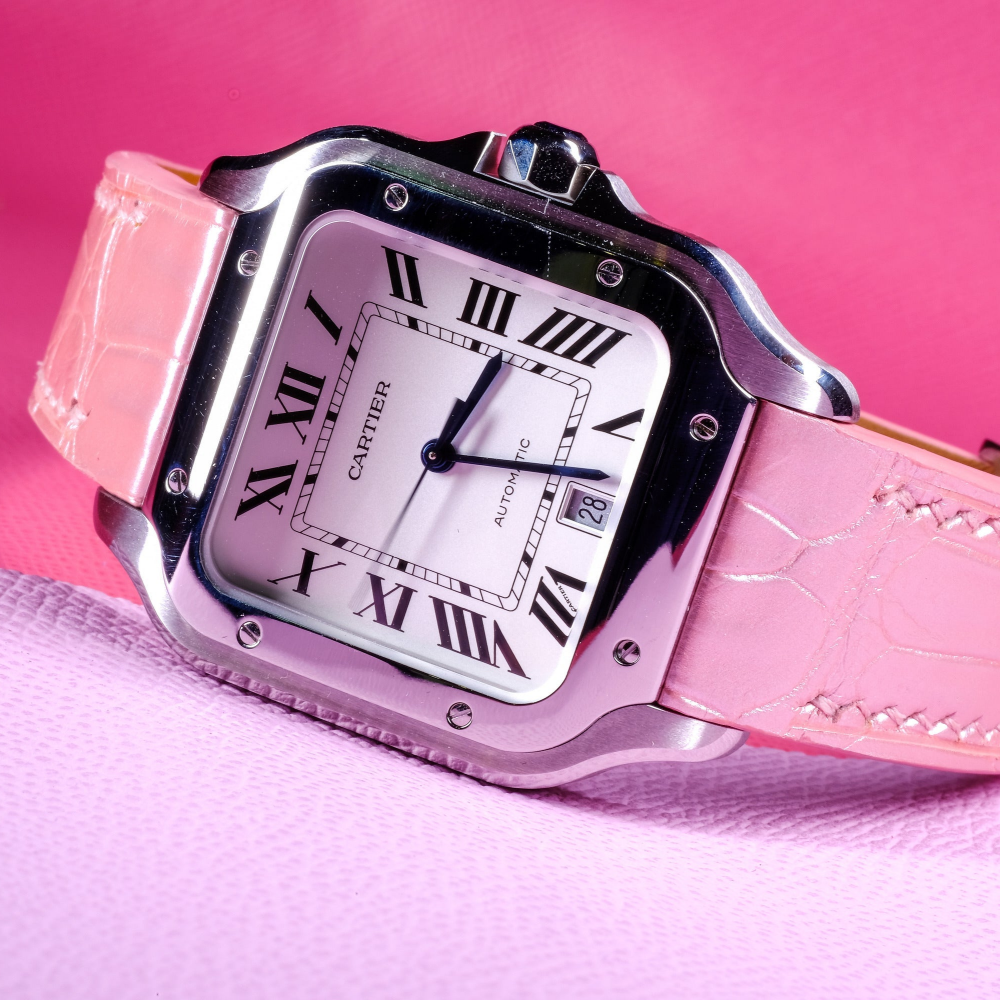 Pink-alligator-leather-watch-strap-for-Cartier-New-Santos-On-Watch.png