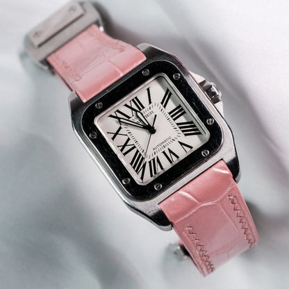 Pink-alligator-leather-watch-strap-for-Cartier-Santos-100-on-Watch.jpg