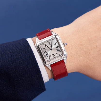 Red-alligator-leather-watch-strap-for-Cartier-Santos-Dumont-on-Hand.png