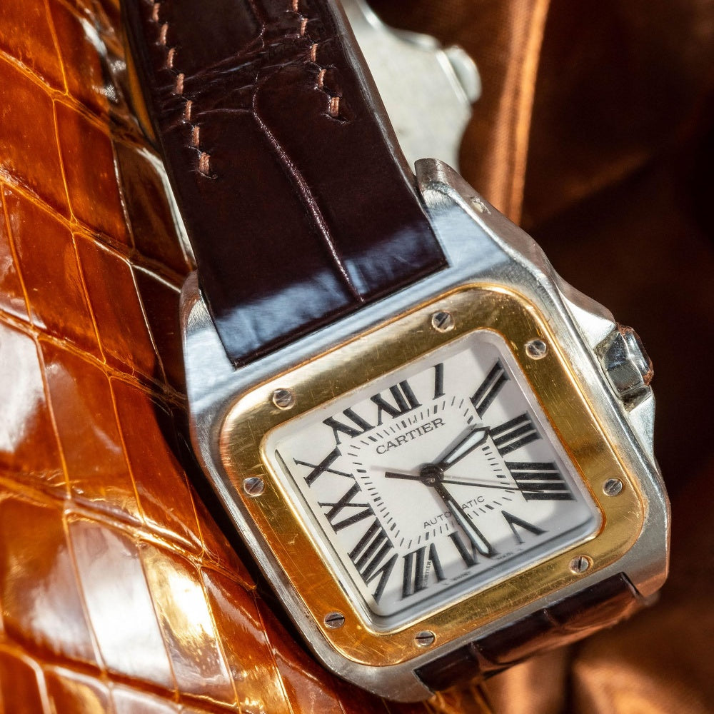 Reddish-Brown-alligator-leather-watch-strap-for-Cartier-Santos-100-Detail.jpg