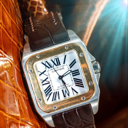 Reddish-Brown-alligator-leather-watch-strap-for-Cartier-Santos-100-on-Watch.jpg