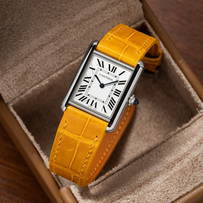Saffron-yellow-alligator-leather-watch-strap-for-Cartier-tank-on-Watch.png