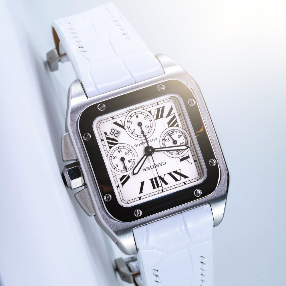 White-alligator-leather-watch-strap-for-Cartier-Santos-100-on-watch.jpg