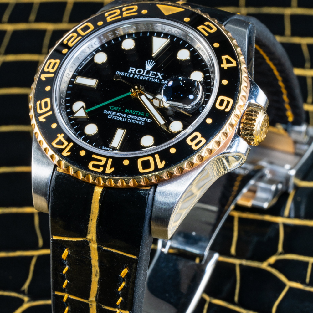 black-gold-alligator-leather-strap-for-rolex-gtm-ii-116713LN-0001-on-watch.png