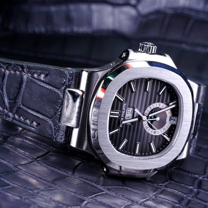 charcoal-grey-alligator-leather-watch-strap-for-Patek-Philippe-Nautilus-5980r-on-watch.png