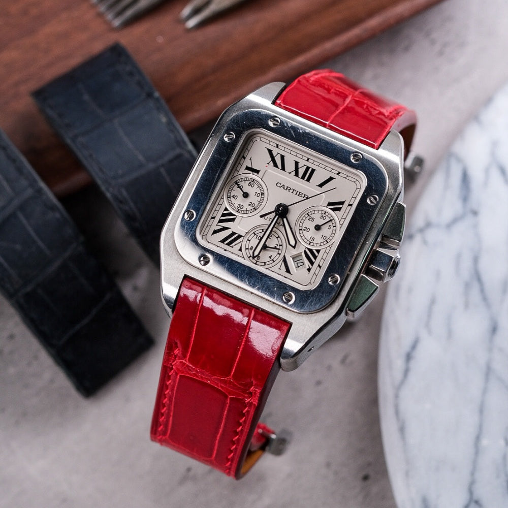 ferrari-Red-alligator-leather-watch-strap-for-Cartier-Santos-100-chronograph-Deatil.jpg