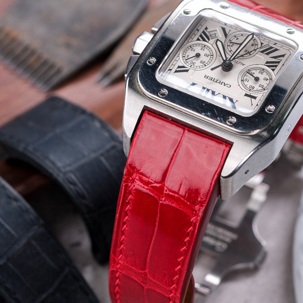 ferrari-Red-alligator-leather-watch-strap-for-Cartier-Santos-100-chronograph-On-Watch.jpg