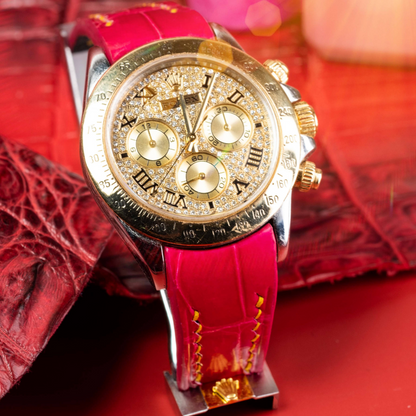 fuchsia-pink-alligator-strap-for-rolex-daytona-rosegold-stiching-on-watch.png