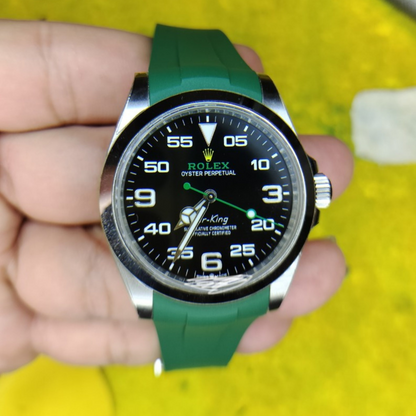 green-fkm-rubber-strap-for-rolex-air-king-on-watch.png