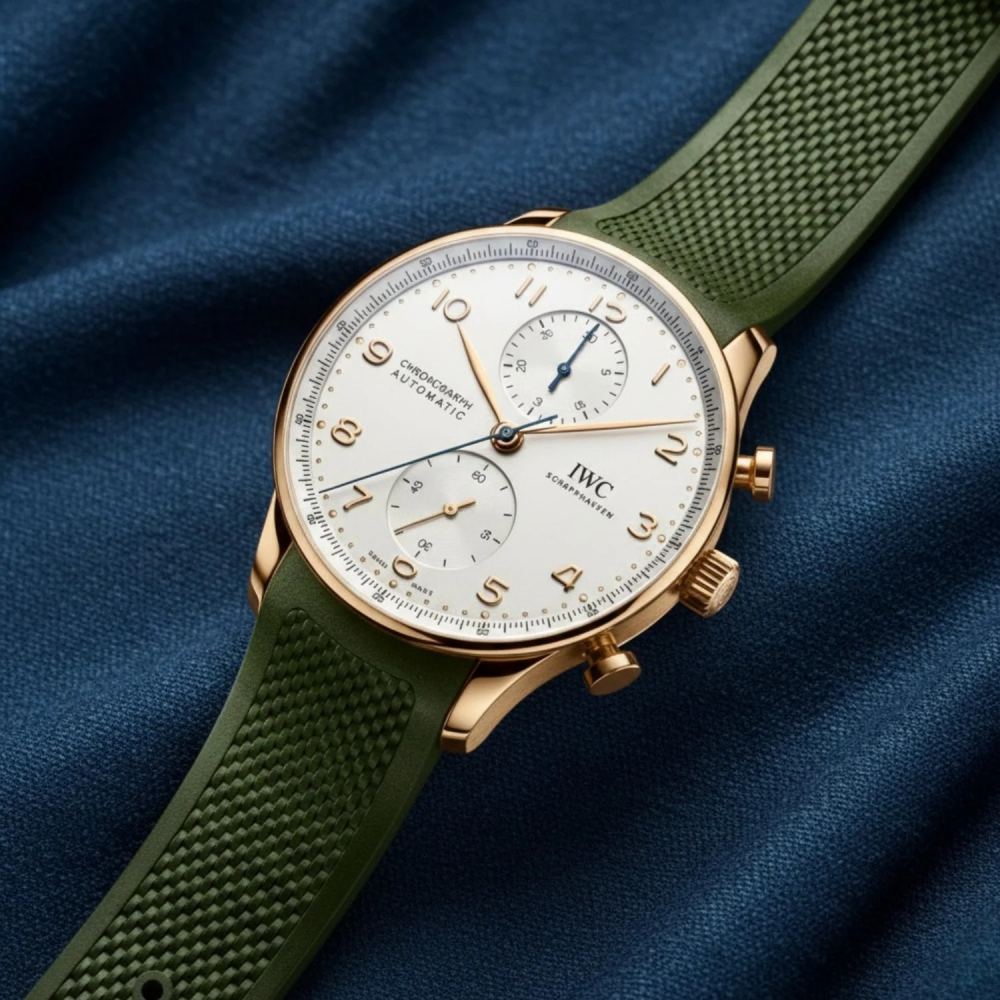green-rubber-strap-for-IWCPortugieser-on-watch.png
