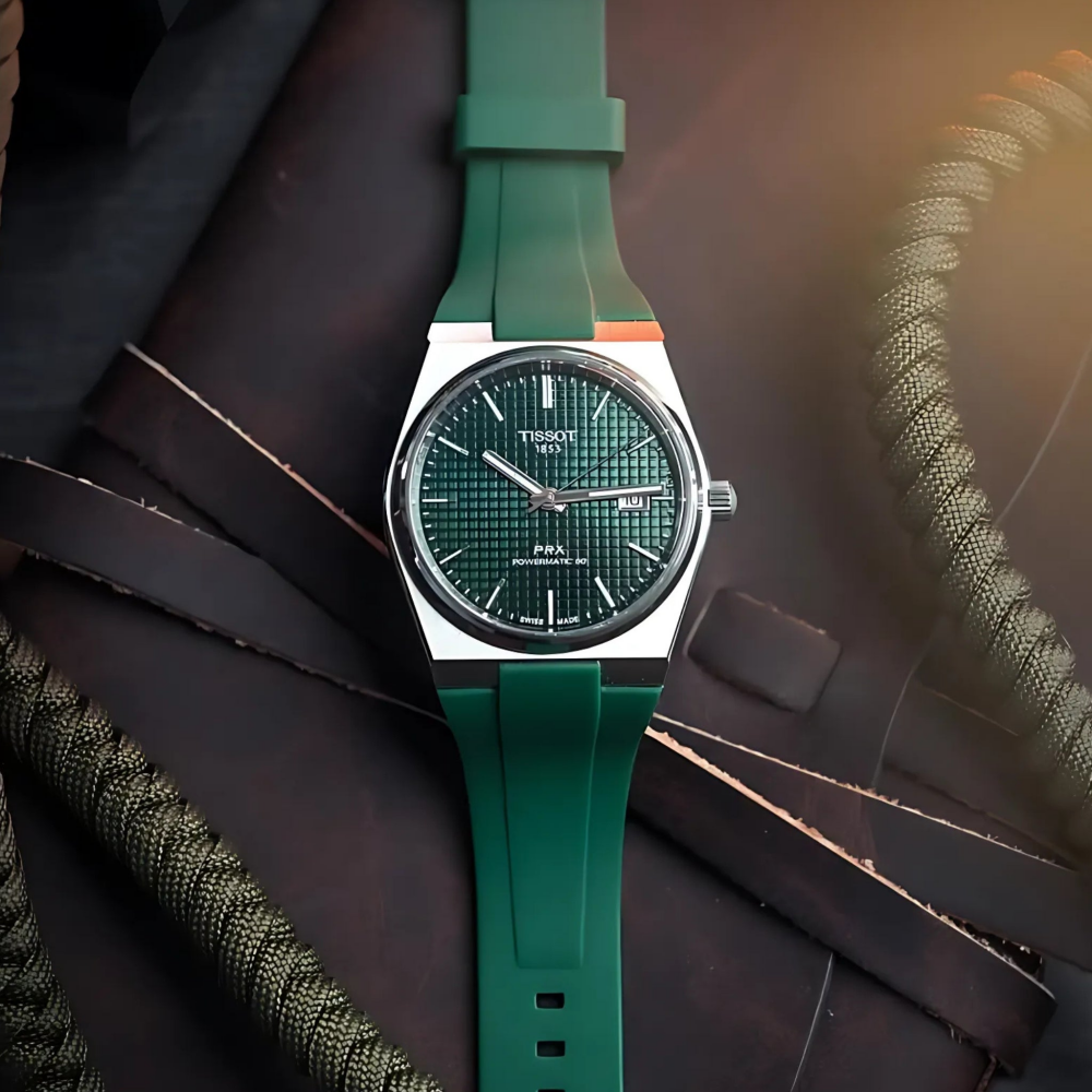 green-rubber-strap-for-tissot-prx-on-watch.png