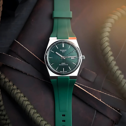 green-rubber-strap-for-tissot-prx-on-watch.png