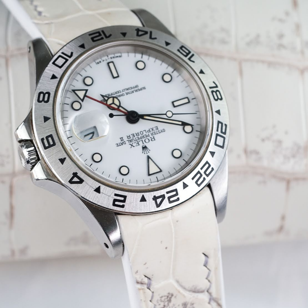 himalayan-alligator-leather-strap-for-rolex-explorer-ii-grey-stitching-on-watch.png