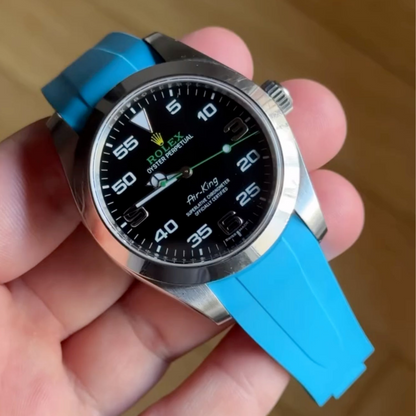 light-blue-deployant-rubber-strap-for-rolex-air-king-on-watch.png