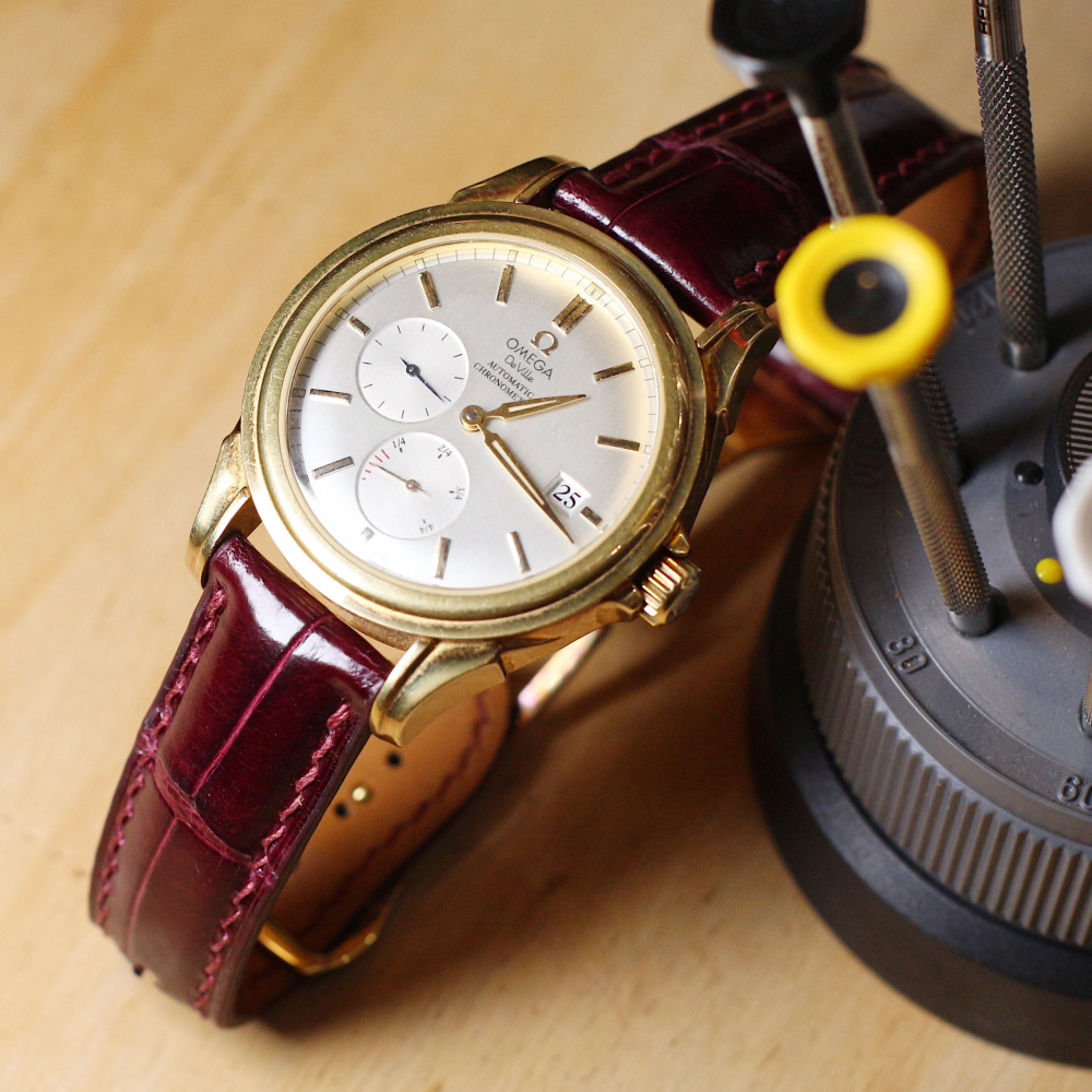 maroon-red-alligator-watch-strap-for-omega-De-Ville-with-watch.png
