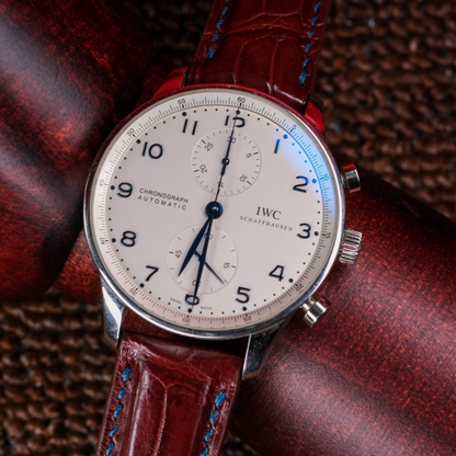 reddish-brown-alligator-leather-watch-strap-for-IWC-portugieser-on-watch.png