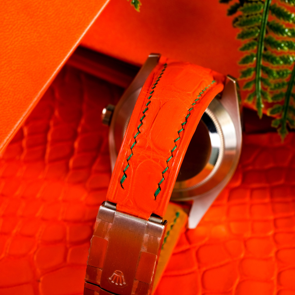 volcanic-orange-alligator-leather-watch-strap-for-Rolex-air-king-backside.png