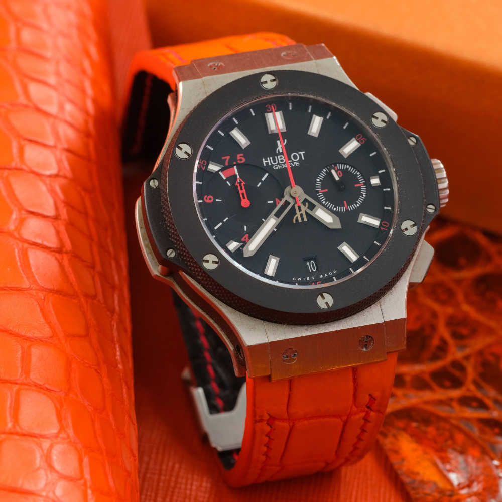 volcano-orange-alligator-leather-strap-for-Hublot-big-bang-chukker-on-watch.png