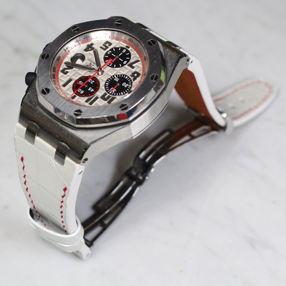white-alligator-leather-strap-for-ap-royal-oak-shore-42mm-with-red-stitching-on-watch.png