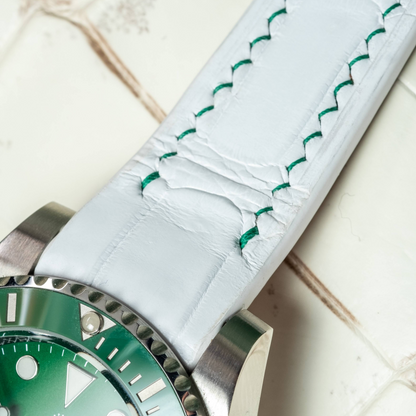 white-alligator-leather-strap-for-rolex-submariner-40mm-green-stitching-detail.png